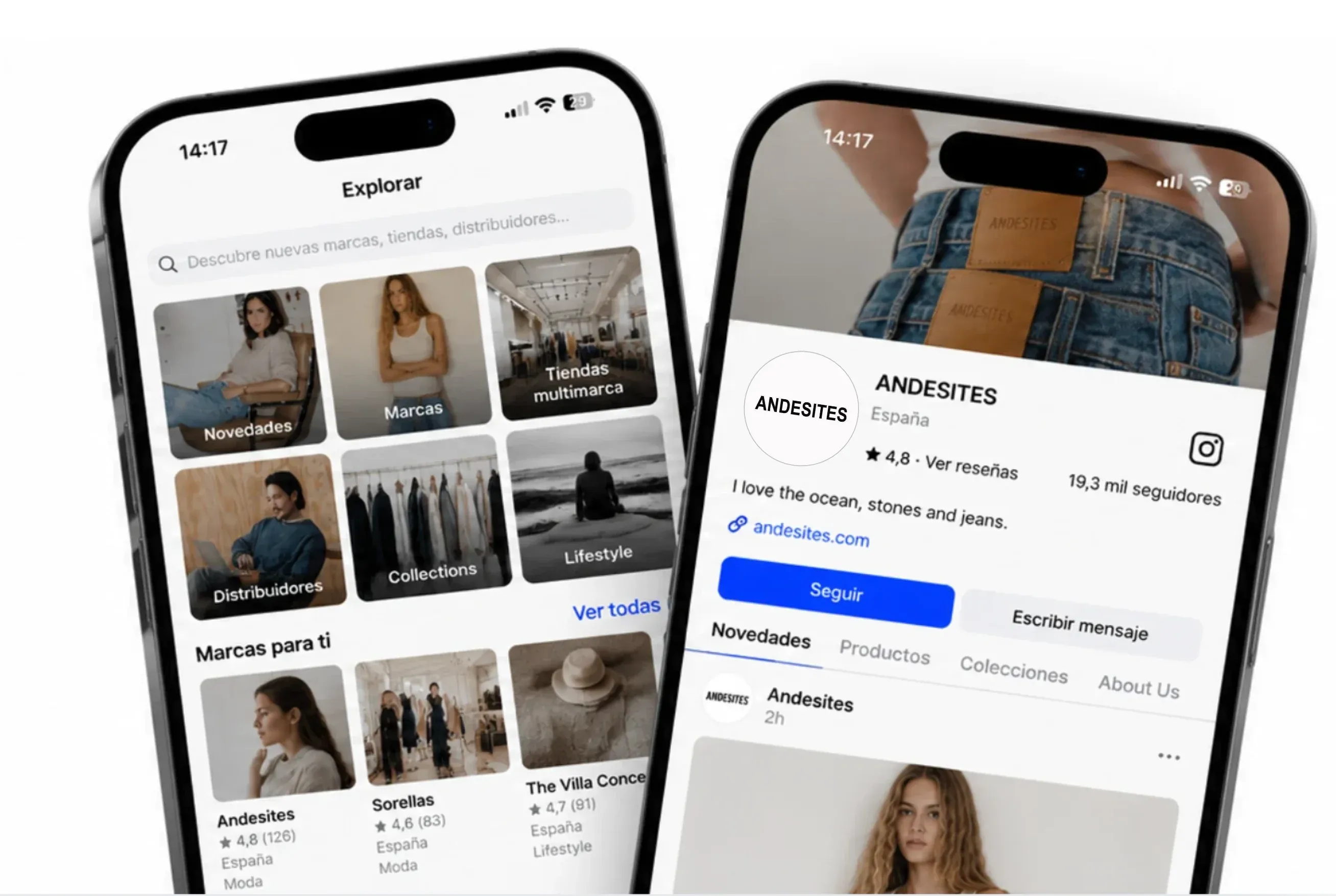 La app de Knotive: la pantalla Explorar y el perfil de una marca